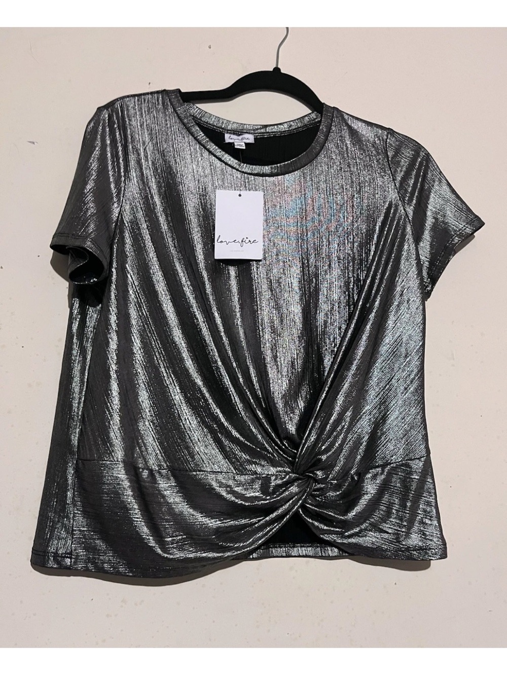 love, fire Metallic Silver Twist Front Blouse Short Sleeve Size XL